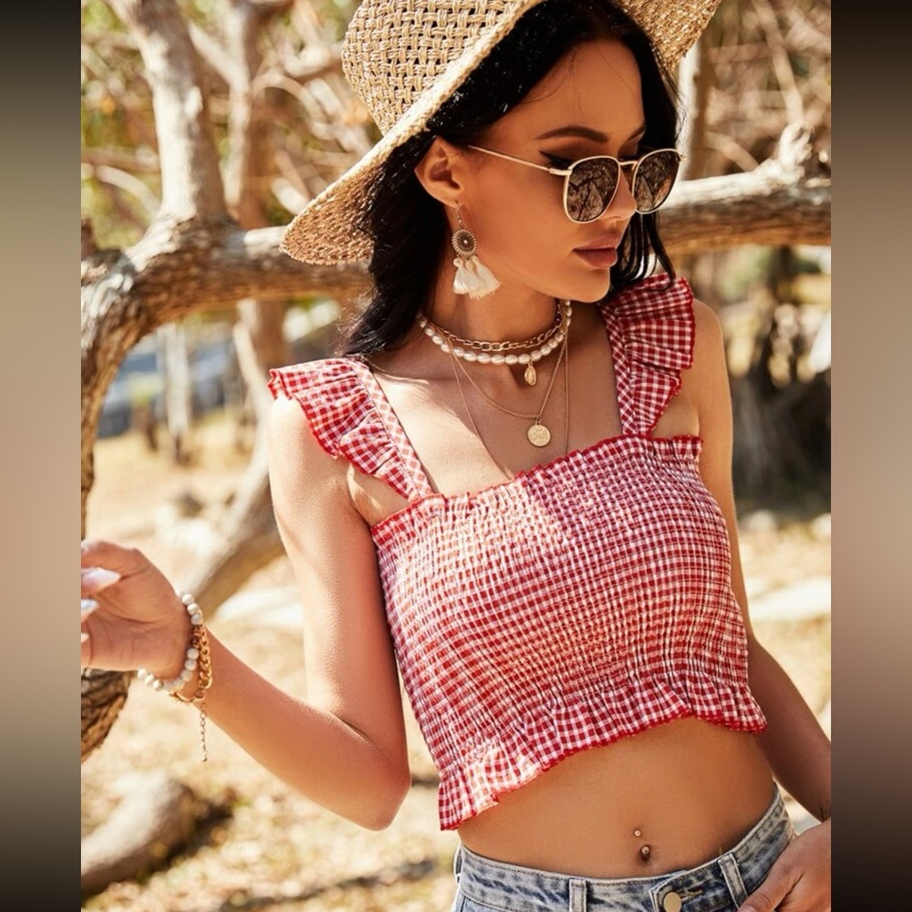 Shein Gingham Ruffle Trim Shirred Crop Top (US12 - XL)